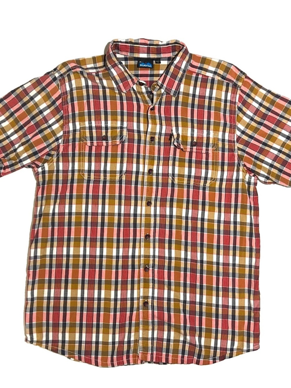Kavu Red Yellow Plaid Shirt Mens Size XL Short Sleeve Button Up Cotton Hike Gorp